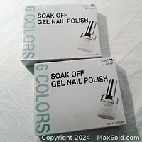 Two boxed sets of Candy Lover 6 color soak off gel nail polish. Boxes are white with shiny silver text and a photo of the polish bottle on the front showing 0.34 FL.OZ 10ML.