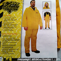 Packaged 3 piece yellow rain suit with labeling showing features and usage.