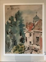 Close-up of unframed watercolour showing building facade, dome and trees.