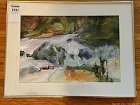 Framed mid-century modern abstract watercolour painting of water splashing over rocks, signed Brenda at lower right, showing overall condition and frame.