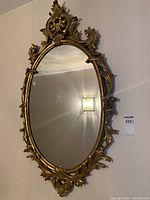 Full front view of the ornate oval mirror showing overall shape and decorative frame
