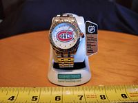 Front view of the Montreal Canadiens stainless steel wristwatch on white plastic stand, showing the dial with Canadiens logo, stainless steel bracelet, and original tag with features.