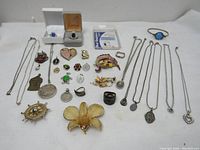 Photo showing entire mixed jewelry lot from above on white background, including rings in boxes, various brooches, chains, pendants, and token.