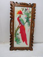 Front view of real feather bird wall hanging with carved wooden frame showing vibrant feathers and colorful painting.
