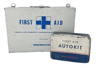 Large white metal box with blue cross and text FIRST AID from Safety House of Canada, showing some scratches and dents, has top latch and wall mounting loops.