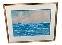 Full view of framed vintage watercolour painting of rolling blue waves and seabirds signed by Howard Gray.