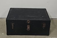 Closed vintage black trunk with metal clasps and lock, rectangular shape.