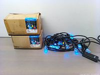 Two Atomi Smart Color LED string light sets with black cords, each with multiple LED bulbs illuminated blue, next to two product boxes with labels showing 24 LED bulbs and brand Atomi Smart.