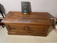 Front view of pine chest showing paneled design, dark stain finish, and wood grain.
