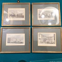 Four framed London prints hanging together, showing architectural and street scenes in a 19th-century style
