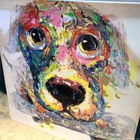 Front view of the large square canvas with colorful abstract dog face occupying most of the space.