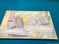 Full view of the abstract painting depicting stylized driftwood pieces in earthy tones, with visible wood grain textures and shaded contours.