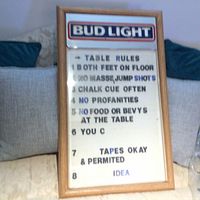Complete view of the Bud Light letter board sign showing posted table rules and Bud Light logo header.