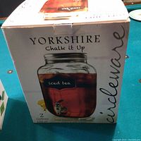 Photo of the Yorkshire Chalk it Up 2 gallon glass iced tea container box showing branding, product image and details.