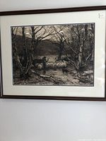 Full view of the framed copperplate etching showing the pastoral scene with shepherd and sheep.