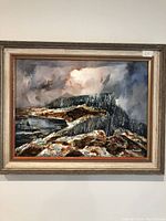 Frontal view of framed oil painting titled “Spring” showing landscape in browns, grays and blues