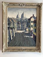Full front view of the framed oil painting showing the Montmartre scene.