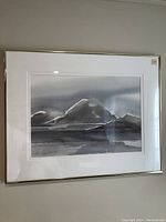 Full image of the framed monochromatic watercolor painting showing mountain landscape and water, signed by Ron Dayment.