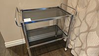 Front view showing entire cart with two glass shelves, chrome frame, handles and casters