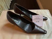 Side view of both brown pointed toe Prada heels lying on fabric surface.