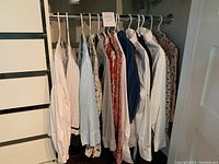 Photo displaying an assortment of long sleeve blouses hanging on hangers in a closet, showing variety of colors and patterns.