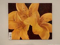 Front view of the oil painting showing three large yellow lily flowers on a dark background.