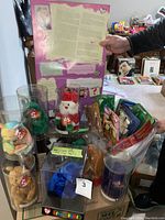 Wide view of lot showing multiple Beanie Babies toys including those in plastic tubes and packages gathered on cardboard boxes.