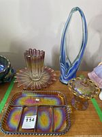 Grouped photo of flash glass items including vase, divided tray, covered candy dish, and fluted plate