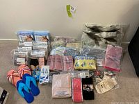 Photo of full lot showing WonderBra packaged garments, assorted bags, wallets, and slippers, arranged on carpet.