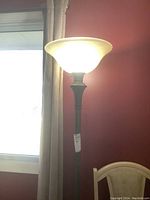 Floor lamp illuminated showing frosted glass bowl shade with a light bulb inside, against a red wall.