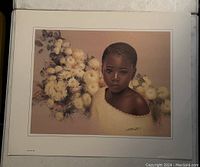 Front view of framed art print showing the portrait of a young girl with flowers behind her, signed by Carl Owens.