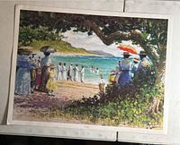 Colorful lithograph art print depicting a baptism scene on a beach with people in vintage clothing, signed by Leo Carty.