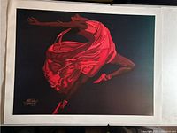 Photo of the Maiden in Flight 1987 art print showing female dancer in detailed red dress in flying pose on dark background