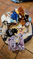 Overview of all items in the lot including the two pet costumes, harness, collar, bed, bag, and plush toys on a tiled floor.