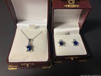 Photo showing the turtle pendant necklace and matching turtle stud earrings in respective jewelry boxes, highlighting the blue stones in a silver-tone metal setting.