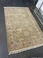 Full view of rug on dark floor showing overall design and fringe