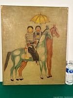 Full view of oil painting on canvas showing two figures riding horses with an umbrella above them.