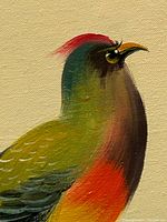 Close-up of the colorful bird painted on the canvas, showing details of brush strokes and colors.