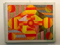Full view of the signed abstract oil painting showing geometric shapes in warm colors and detailed background patterns.