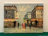 Full view of the signed oil on canvas painting showing buildings and figures on a street.