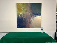 Full front view of the large square modern abstract oil painting, showing overall composition and size relative to display surface.