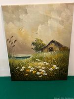 Full view of the painting showing barn, wildflowers, and sky