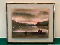 Full view of framed 3D painting on glass showing lakeside landscape and silhouetted figures.