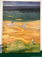 Full view of the oil painting showing the coastal scene with yellow sand, green hill with figure, and blue sea under a purple sky.