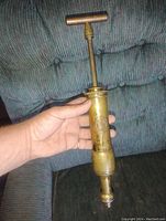 Full view of one pump nozzle showing T-shaped handle and cylindrical brass body with engraved badge.