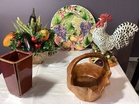 Overview of all items including ceramic rooster, Italian ceramic platter, wooden basket, and ceramic vegetable decor.