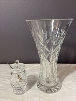 Full view of Waterford Crystal vase and jam jar with spoon, showing scale and design details