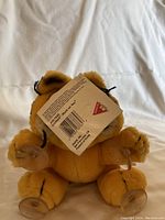 Photo showing the back underside of the Garfield plush toy with visible suction cups and attached original tag showing model number and barcode.