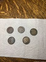 Five Indian Head pennies arranged on white cloth, showing obverse sides with dates 1881, 1895, 1903 (two coins), and 1908.