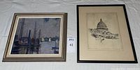 Shows both framed artworks side by side: oil painting on left and Capitol etching on right